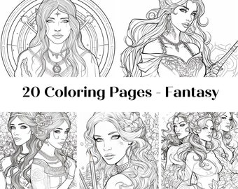 20 Fantasy Coloring Pages- Instant Download