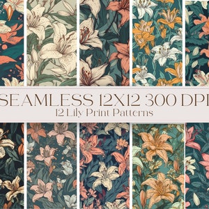 Könnte beinhalten: Zwölf nahtlose Muster mit verschiedenen Lilienblüten in unterschiedlichen Farben und Anordnungen. Die Muster sind 12x12 Zoll groß und haben 300 DPI.