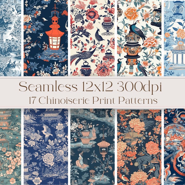 17 SEAMLESS Chinoiserie Print Digital Paper- 12x12 300dpi - Instant Download