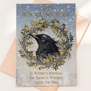 Cartão de Solstício de Inverno | Cartão de Yule para Imprimir | Corvo e Coroa | Saudação Pagã Digital de Natal