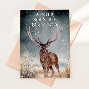 Winter Solstice Greetings - Printable Yuletide Card with a Watercolor Deer in a Snow Scene - Digital Download