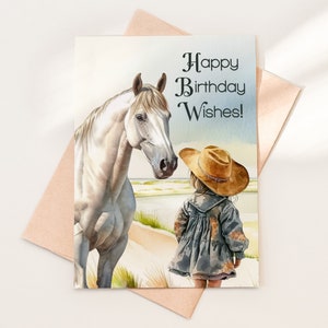 Carte d'anniversaire cow-girl et cheval - imprimable en téléchargement numérique - thème aquarelle côtier - voeux d'anniversaire pour les amateurs d'équitation