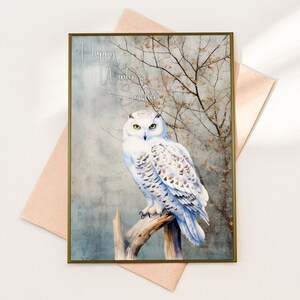 Winter Solstice Greetings - Printable Yuletide Card with a Snowy Owl in a Winter Forest - Digital Download