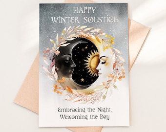 Winter Solstice Card, Printable Card, Watercolor Holiday Card, Moon and Sun, Winter Season, Winter Wreath, Solstice Blessings, Yuletide Card