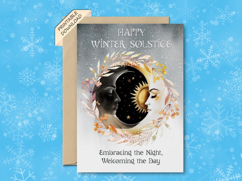 Winter Solstice Card, Printable Card, Watercolor Holiday Card, Moon and