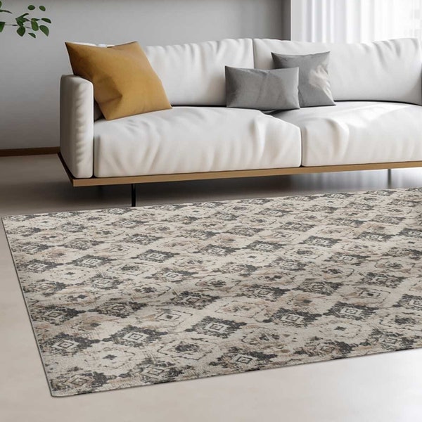 Traditional Persian Area Rug Beige and Black Vintage-style Oriental Carpet Neutral-tone Elegant Chic Sophisticated Versatile Floor Decor