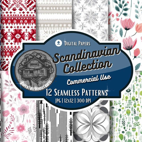 Scandinavian Inspired Seamless Pattern Bundle 12 Unique Designs for Digital Scrapbooking Graphic Design and More