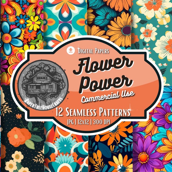 70s Inspired Flower Power Retro Floral Seamless Designs Twelve Vibrant Patterns Tileable Backdrops Instant Download