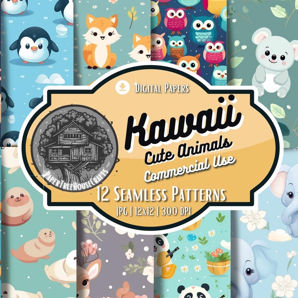 12 Darling Kawaii Creatures Repeated in Whimsical Patterns for Digital Paper and Journal Backgrounds