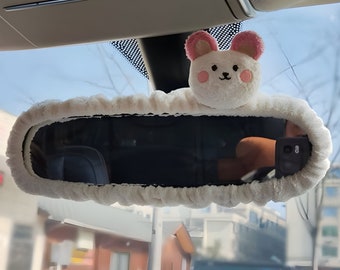 Couverture d'ours moelleux pour rétroviseur de voiture mignon, accessoire de voiture doux et flou, décor d'intérieur de voiture de filles, autocollant de rétroviseur de dessin animé adorable