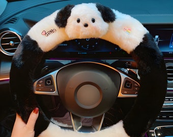 Cute Dog Steering Wheel Cover, Fluffy Stuffed Animal Car Accessory, Kawaii Car Decorations, Cozy Car Decor, Car Gifts For Her, Dog Car Charm