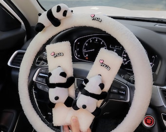 Cute Panda Steering Wheel Cover, Fluffy Stuffed Animal Seatbelt Cover, Kawaii Girl Car Decor, Cozy Soft Seat Belt Cover, Car Gifts For Her
