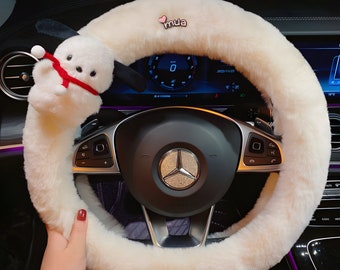 Fluffy Dog Steering Wheel Cover, Cute Stuffed Animal Car Accessory, Cozy Car Decorations, Kawaii Car Decor, Car Gifts For Her, Dog Car Charm