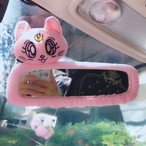 Cat Car Rearview Mirror Cover, Cute Anime Car Accessory, Kitty Cartoon Reversing Decoration, Girls Car Interior Decor, Creative Car Charm