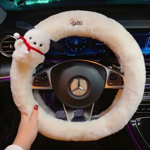 Fluffy Dog Steering Wheel Cover, Cute Stuffed Animal Car Accessory, Cozy Car Decorations, Kawaii Car Decor, Car Gifts For Her, Dog Car Charm