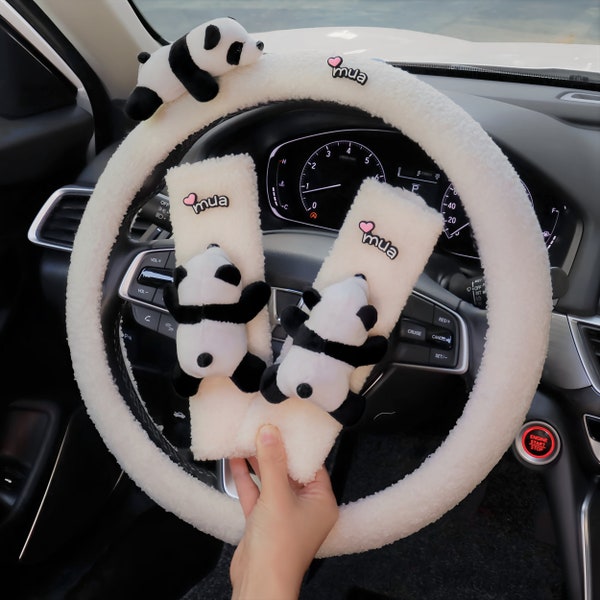 Cute Panda Steering Wheel Cover, Fluffy Stuffed Animal Seatbelt Cover, Kawaii Girl Car Decor, Cozy Soft Seat Belt Cover, Car Gifts For Her