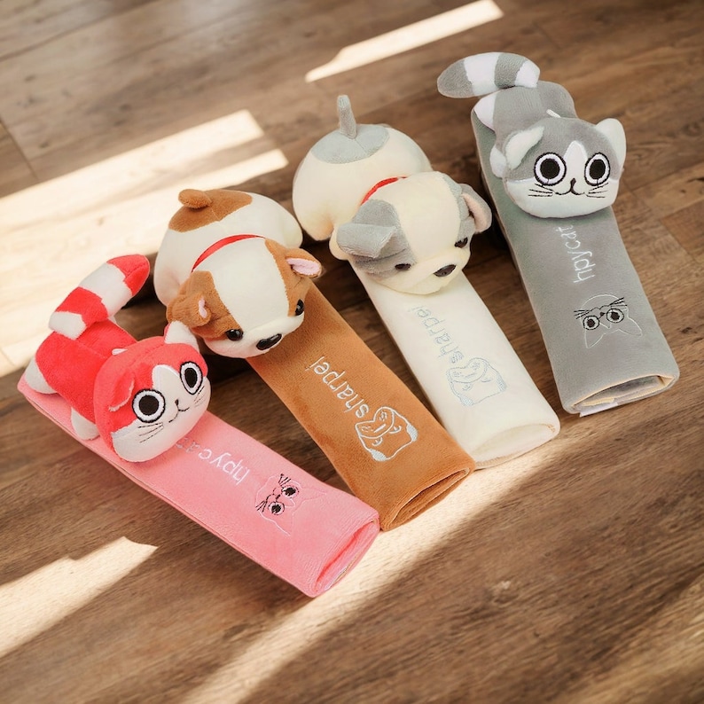 Cute Animal Seatbelt Cover, Cartoon Dog Shoulder Pad, Plush Cat Seat Belt Protector, Kawaii Anime Puppy Belt Cushion, Girl Kitty Car Decor image 1