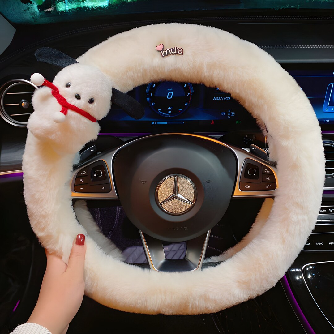 Fluffy Dog Steering Wheel Cover, Cute Stuffed Animal Car Accessory