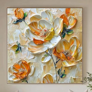 Textured Floral Oil Painting, 3D Yellow Flower, Abstract Blossom Canvas Art