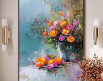 Modern Floral Painting on Canvas, Impasto Flower Bouquet Art