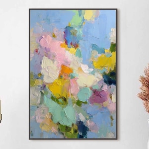 Colorful Abstract Floral Painting, Textured Impasto Flower Art, Modern Pastel Wall Decor, Dopamine Decor, Large Pink and Blue Painting