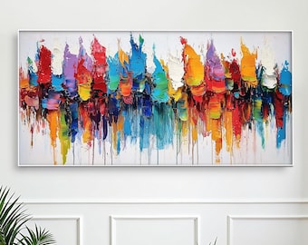 Gran pintura al óleo abstracta y vibrante, obra de arte texturizada sobre lienzo con espátula.
