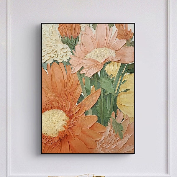 Fleur abstraite peinture à l'huile sur toile, grande oeuvre d'art murale, peinture florale orange originale Art minimaliste peinture personnalisée salon décoration cadeau