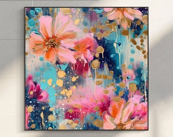 Abstract Pink Flower Oil Painting on Canvas,Extra Large Wall Art, Original Gold Floral Art,Custom Painting,Modern Living Room Decor Gift