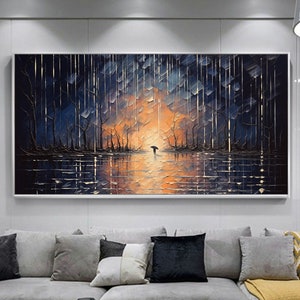 Abstract Rainy Scenery Oil Painting on Canvas, Large Wall Art, Original Lonely Night Landscape Painting, Black Custom Painting, Home Decor