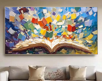Colorful Book Painting, Original Textured Canvas Art, Whimsical Wall Decor