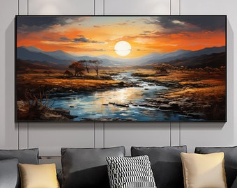 絵画 インテリア 絵 額付(黒）油絵 F4-081411 風景 朝夕陽 山 田園 夕焼けの絵画、川と山の絵画、夕方の夕日、水と太陽、オリジナルの風景