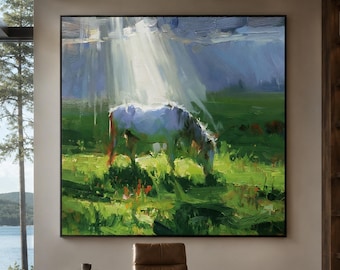 Grazing Horse Oil Painting, Sunlit Pasture Landscape Canvas