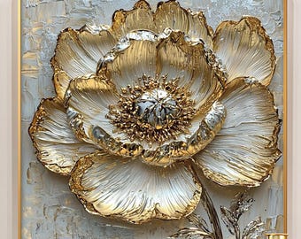 Gold & White Textured Flower Impasto Painting, Abstract 3D Floral Wall Art, High-end Home Decor, Custom Painting, Modern Living Room Decor