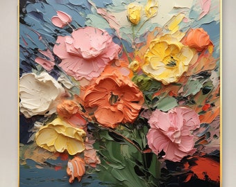 Textured Floral Oil Painting on Canvas, Abstract Minimalist Art