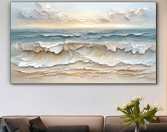 May include: A painting of a seascape with white clouds and blue water. The waves are crashing on the shore, and the sand is a light brown color.