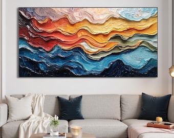 Abstract Vibrant Wave Painting on Canvas, Large Wall Art, Original Colorful Hand-Painted 3D Textured Painting, Modern Living Room Wall Decor
