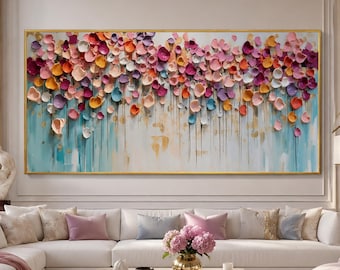 3D Textured Floral Oil Painting Original Palette Knife Impasto Flower Wall Art Large Canvas Pastel Pink Teal Abstract Modern Living Room Art