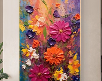 Grande pintura a óleo floral sobre tela, arte abstrata de paisagem floral colorida.