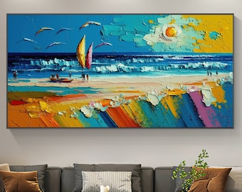 Abstract Seaside Oil Painting On Canvas,Extra Large Wall Art,Sailing Boat Painting,Custom Painting,White Waves Painting,Bedroom Wall Décor