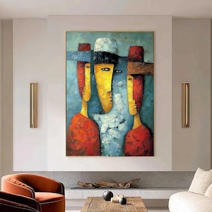 Large Abstract Figurative Painting, Colorful Textured Cubism Wall Art, Red Yellow Blue Portrait, Modern Original For Living Room Statement