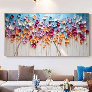 Peinture à l'huile originale de fleurs colorées sur toile, grande oeuvre d'art murale, décoration murale bohème de peinture florale en fleurs 3d abstraite, décoration murale de salon