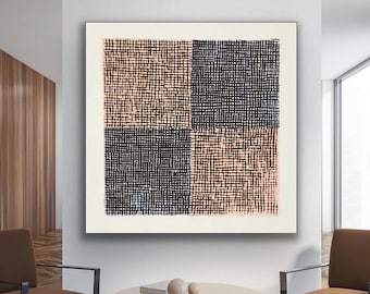 Large Geometric Grid Painting, Modern Minimalist Abstract Wall Art, Original Black Pink And Blue Canvas, Japandi Style Wabi Sabi Home Decor