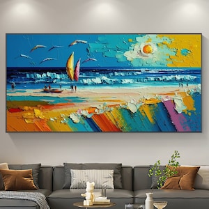 May include: A colourful abstract painting depicting a beach scene with a sailboat, waves, and a bright yellow sun. The painting is executed in a thick, textured style with bold strokes of colour.