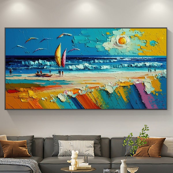 Abstract Seaside Oil Painting On Canvas,Extra Large Wall Art,Sailing Boat Painting,Custom Painting,White Waves Painting,Bedroom Wall Décor