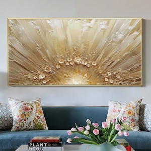 Original Gold Flower Oil Painting on Canvas, Large  Abstract Textured Gold Leaf Floral Art, Custom Painting, Boho Wall Decor Living Room Art