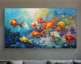 Original Swimming Fishes Oil Painting on Canvas, Extra Large Wall Art Abstract Fish Art Custom Painting Minimalist Living Room Decor Gift