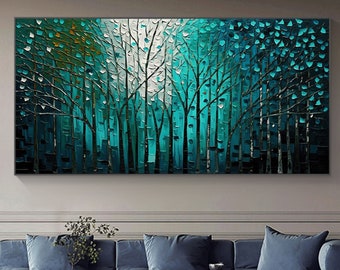 Original Forest Oil Painting on Canvas Abstract Blue Leaves Painting Large Wall Art Custom Painting Personalized Gift Living room Wall Decor