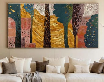 Large Textured Landscape Painting, Original Abstract Yellow Hills Wall Art, Modern Green Forest Artwork, Unique Folk Decor On Canvas