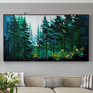 Original Abstract Forest Oil Painting On Canvas, Large Wall Art, Minimalist Green Tree Landscape Art, Custom Painting Living Room Decor Gift