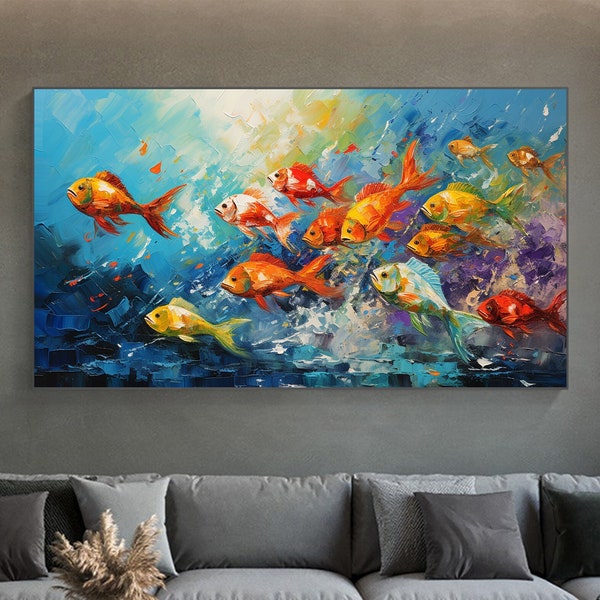 Original Schwimmen Fische Ölgemälde auf Leinwand, extra große Wand Kunst Abstrakte Fische Kunst Benutzerdefinierte Malerei Minimalistisches Wohnzimmer Dekor Geschenk